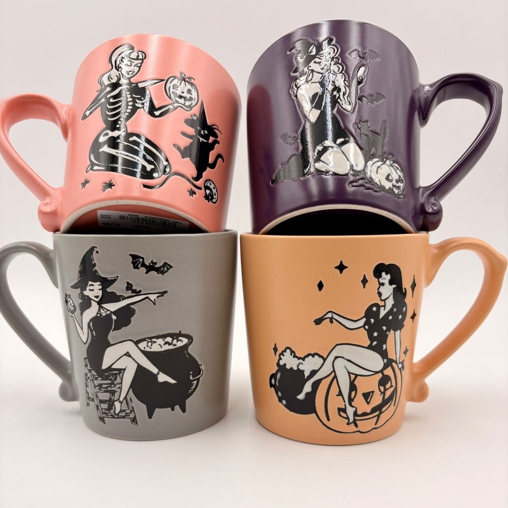 Spectrum Designz Halloween Pinup Mug Set 4 Retro Witch Skeleton Pink Orange MCM